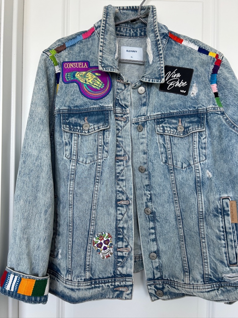 Old Navy Customized LightDenim Jacket Colorful Mexican Themed Patchwork consuela
